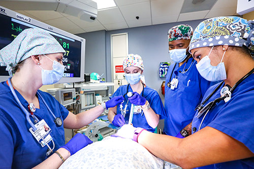 Anesthesiologists working on a simulated surgery